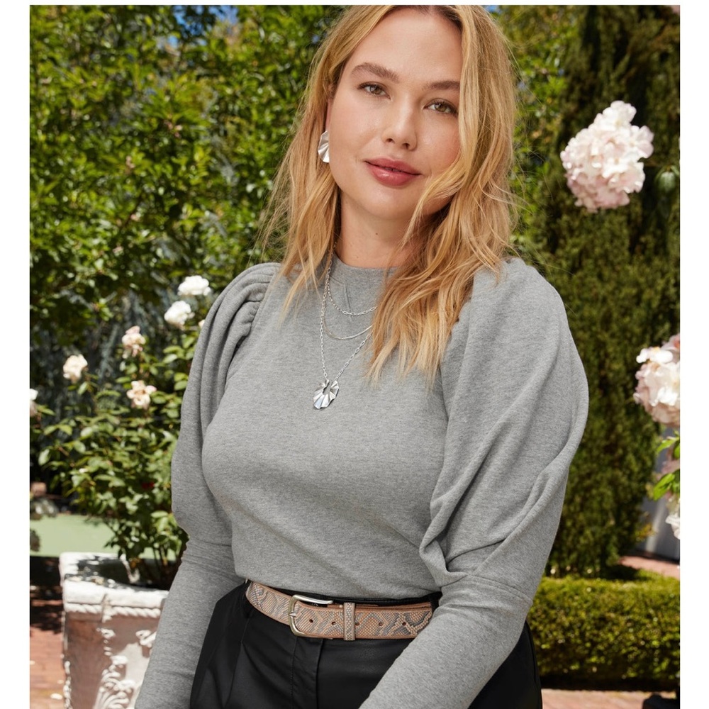 Stella & Dot Heather Gray Puff-Sleeve Knit Top